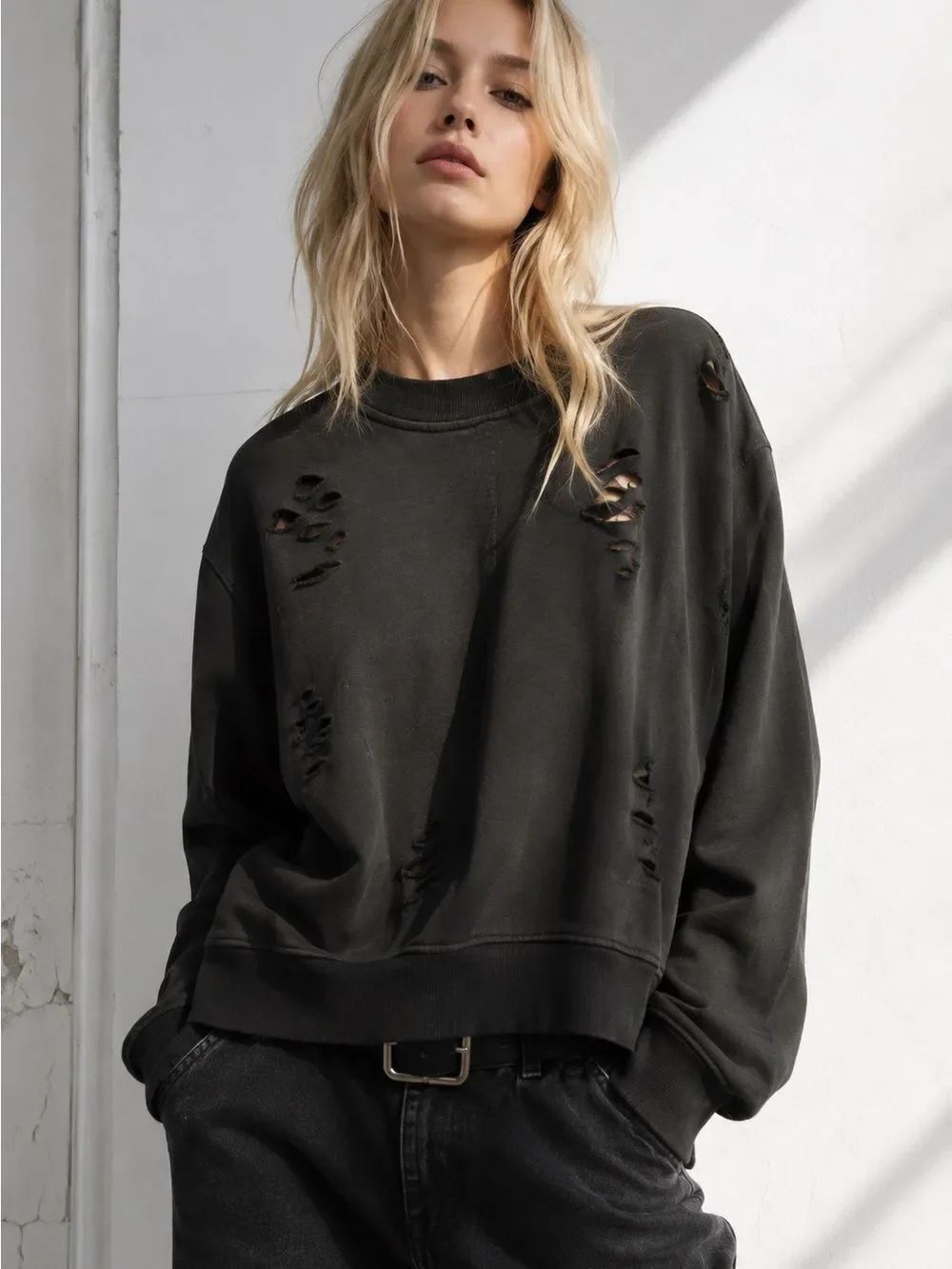 Women's Black Distressed Crewneck Sweatshirt